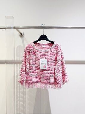 CHANEL Pink and White Tweed Fringe Top